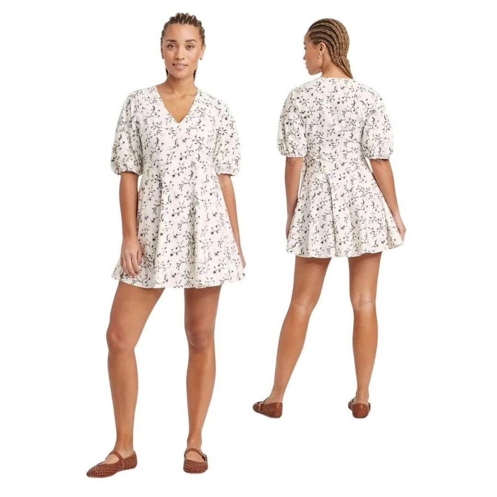 Universal Thread Women's White Floral Babydoll V-Neck Mini Dress Size XL
